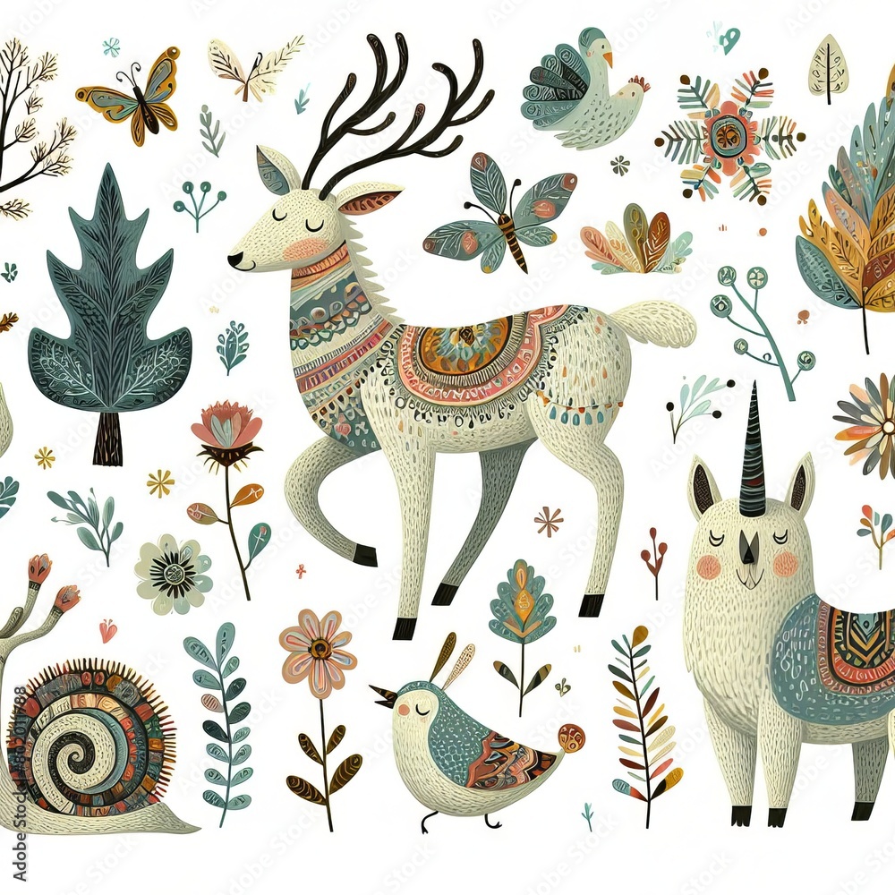Obraz premium Enchanted Forest Fauna: A Whimsical Illustration of Patterned Deer and Llama Amidst Colorful Nature
