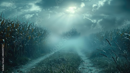 Shafts of light through fog and cloud  moonlight over a cornfield. Generative AI.