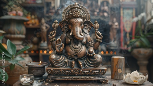 Ganesha statue made of brass placed on a wooden base. It is a symbol of wisdom and learning. It has an elephant's head and many arms.