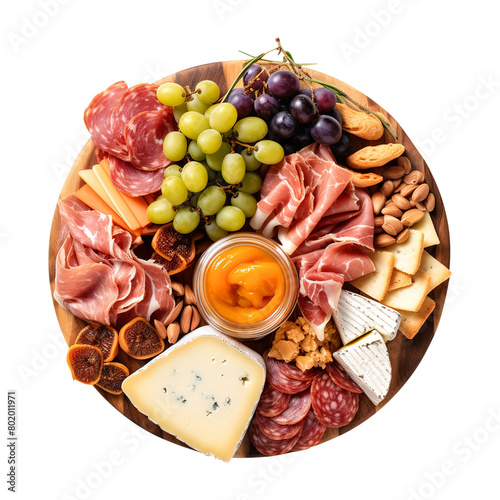 Cheese And charcuterie board isolated on white background