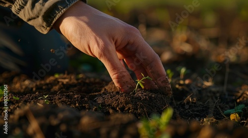 Farmer's Hand Planting in Fertile Soil, Highlighting the Essential Role of Healthy Soil in Sustainable Agricultural Practices