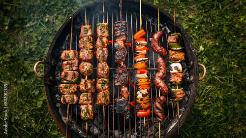 Barbecue grill with different types of meat and sausage on the green grass background, top view, closeup shot. Summer and green grassy field.