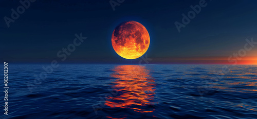 an orange moon rising over the ocean at night