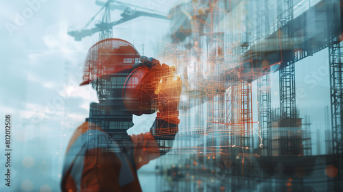Double exposure image of construction worker holding safety helmet and construction drawing against the background of surreal construction site in the city.ai generated