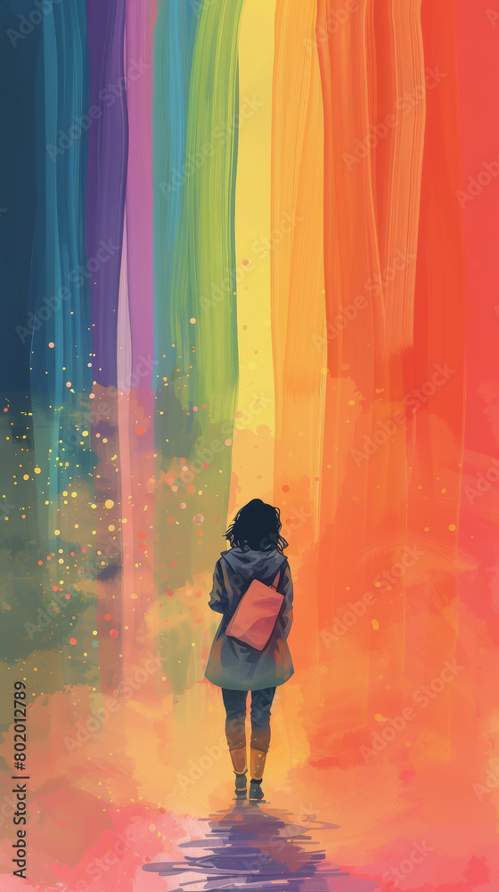 Obraz premium A woman is standing in front of a rainbow, looking up at it