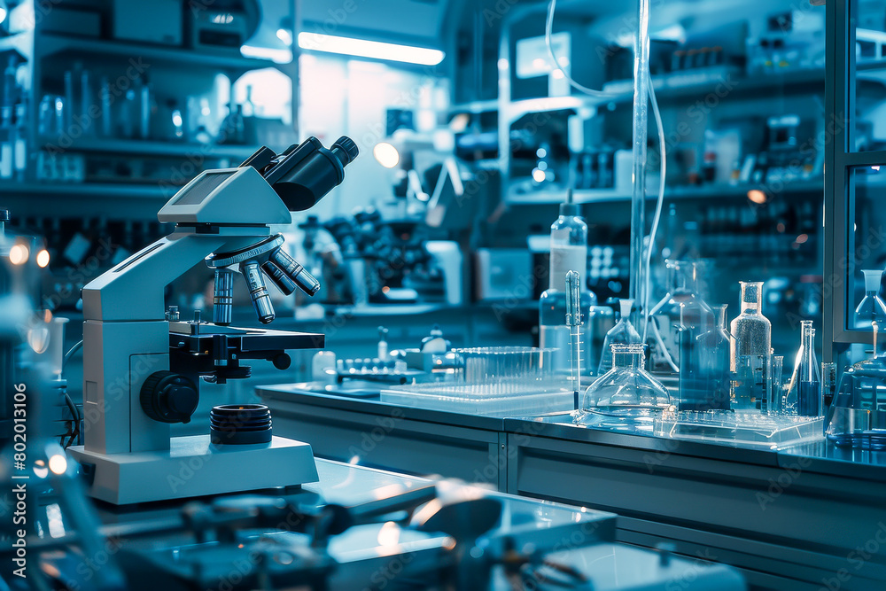 A lab with a microscope on a table A lab with a microscope on a table