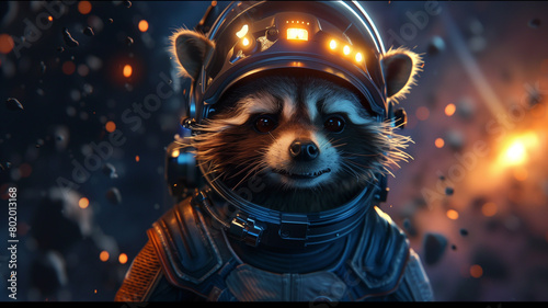 Cute astronaut raccoon put on a helmet