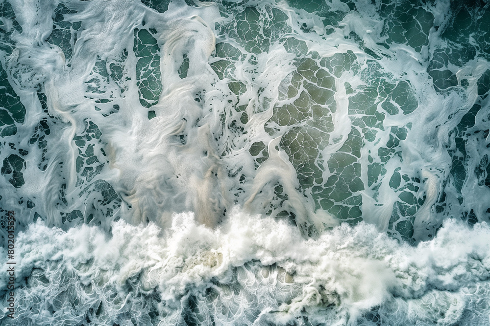 aerial view of crashing sea waves on rocking ocean. High quality photo