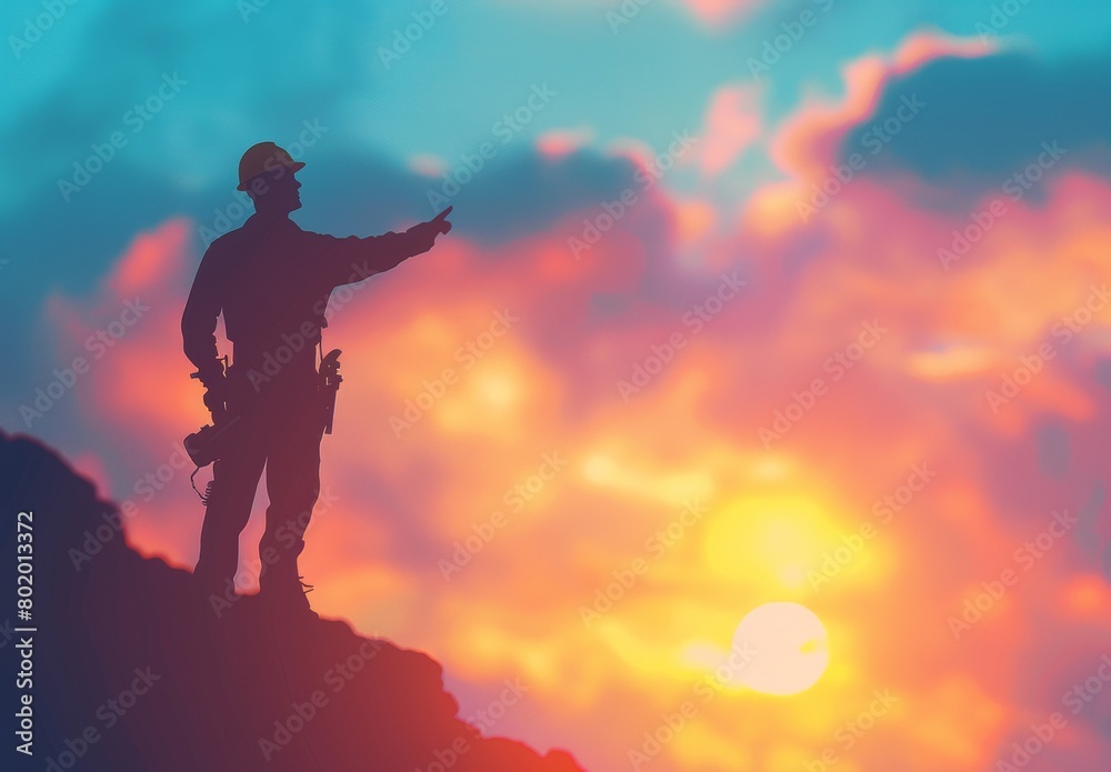 Fototapeta premium Engineer directs construction crews on high ground, emphasizing industry safety amid a sunset backdrop