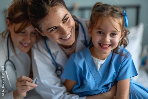 Friendly doctor talking to child and support her at medical checkup. Happy little girl sitting on examination couch in exam room and listening to female pediatrician's advice