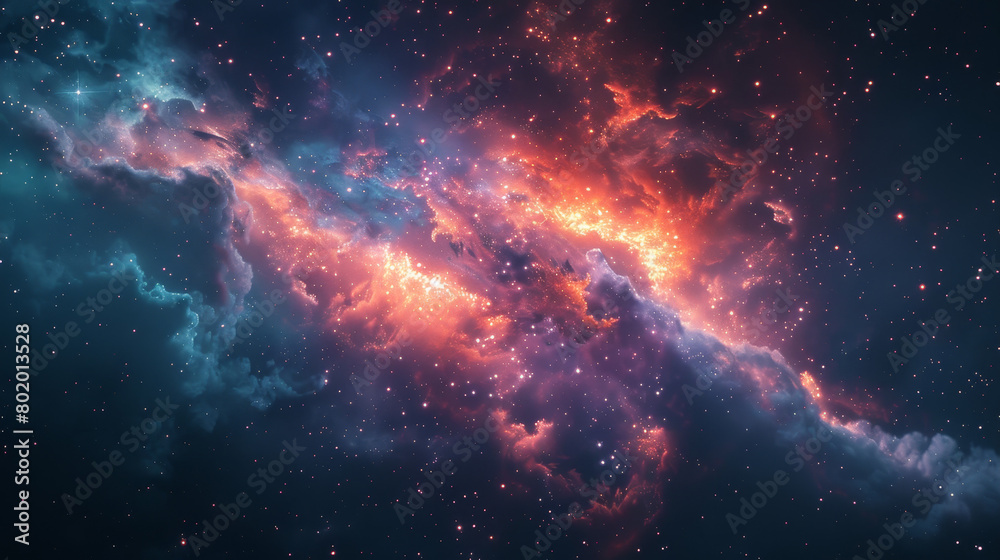 A colorful galaxy with a blue and orange cloud in the middle
