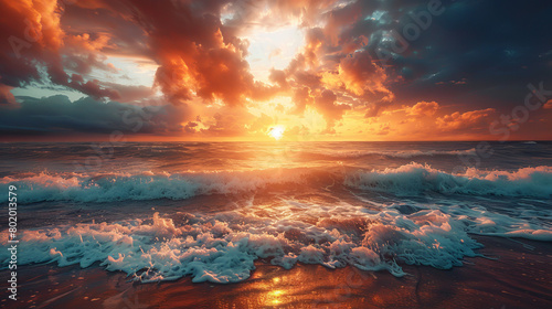 The ocean is calm and the sun is setting, creating a beautiful © ART IS AN EXPLOSION.