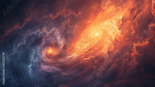 A colorful galaxy with two spiral arms and a bright orange center © ART IS AN EXPLOSION.