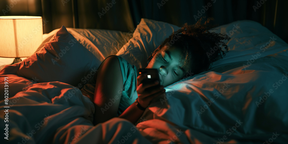 Naklejka premium Sad person checking their smartphone at night. Woman scrolling through social media on her phone screen. Internet addiction in adults.