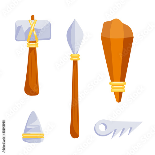 Set of vector stone age tools, stone axe, spear, club, chisel, fish bone fish hook in cartoon style.