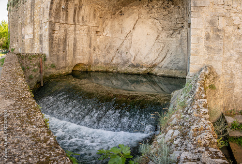 Sauve, France - 04 16 2024: Panoramic View of the Sauve fountain or the resurgence of Vidourle. photo