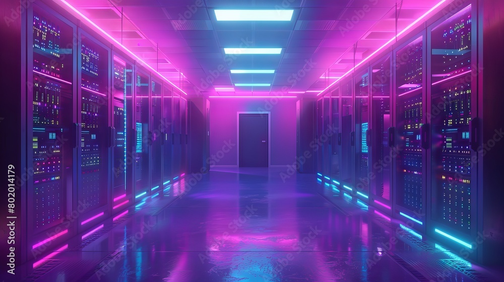 Modern Server Room with Multiple Server Racks in a Data Center Environment - 3D Illustration of High-Tech Networking Infrastructure Modern Server Room with Multiple Server Racks in a Data Center Environment - 3D Illustration of High-Tech Networking Infrastructure