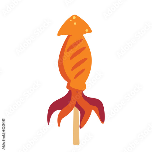 Squid satay flat design illustration, grilled octopus on skewers, vector image isolated on white background