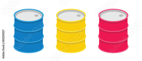 Cartoon oil barrel vector set, colorful steel barrels isolated on white background