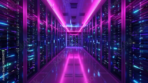 Modern Server Room with Multiple Server Racks in a Data Center Environment - 3D Illustration of High-Tech Networking Infrastructure