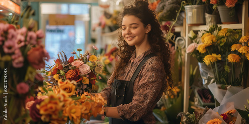 Beautiful young female florist working in flower shop on sunny morning. Young girl wearing apron surrounded by bunches of flowers. Small business. © MNStudio