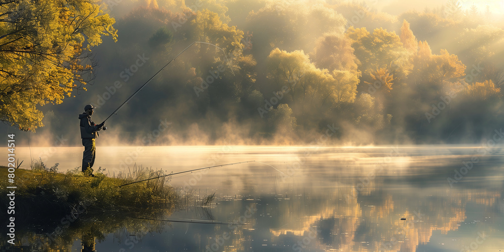Senior man fishing on the lake on foggy autumn evening. Elderly fisherman spending time in nature. Leisure and hobbies for retired people.