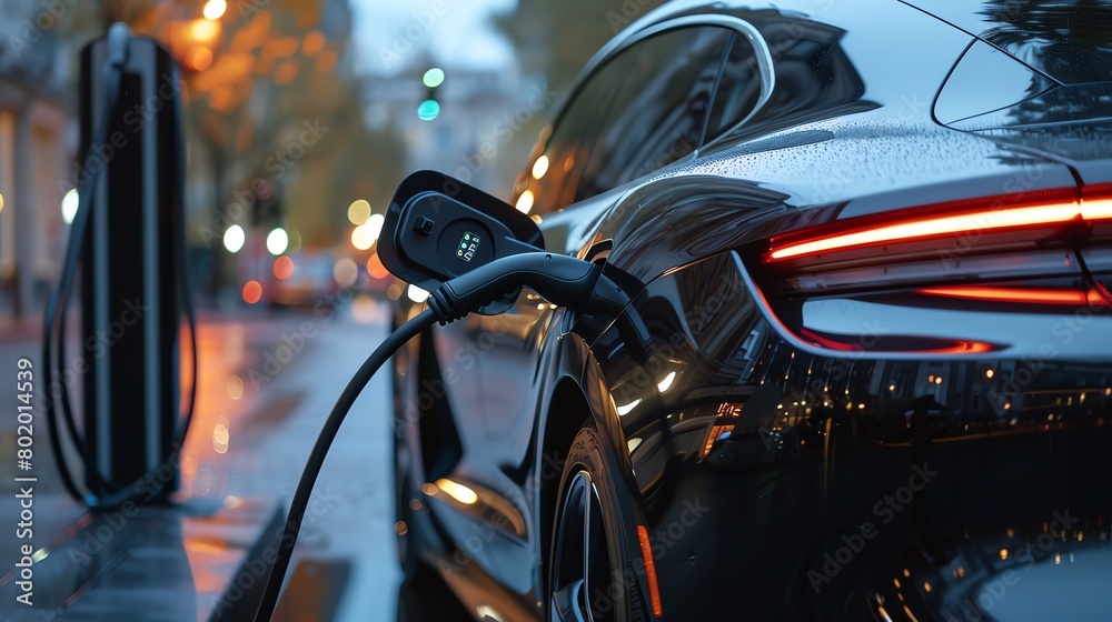 Modern electric vehicle plugged into a fast charger, showcased on a cool steel gray background Modern electric vehicle plugged into a fast charger, showcased on a cool steel gray background