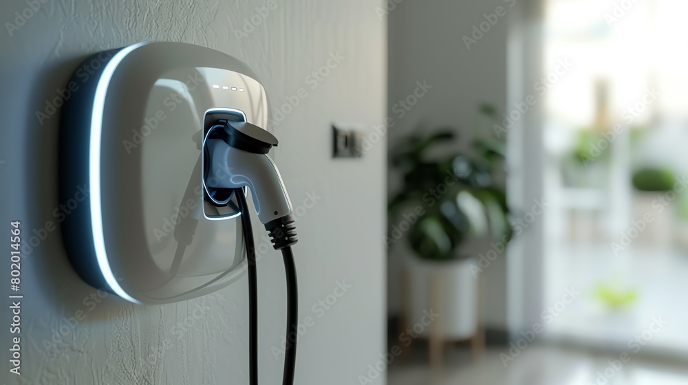 Compact wall-mounted EV charger in a home garage, set against a clean, bright white background Compact wall-mounted EV charger in a home garage, set against a clean, bright white background