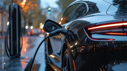 Modern electric vehicle plugged into a fast charger, showcased on a cool steel gray background