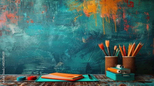 School supplies on a bright abstract background.