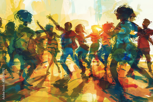 A group of people are dancing in a colorful painting