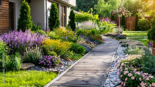 A walkway with a path of rocks and a row of flowers