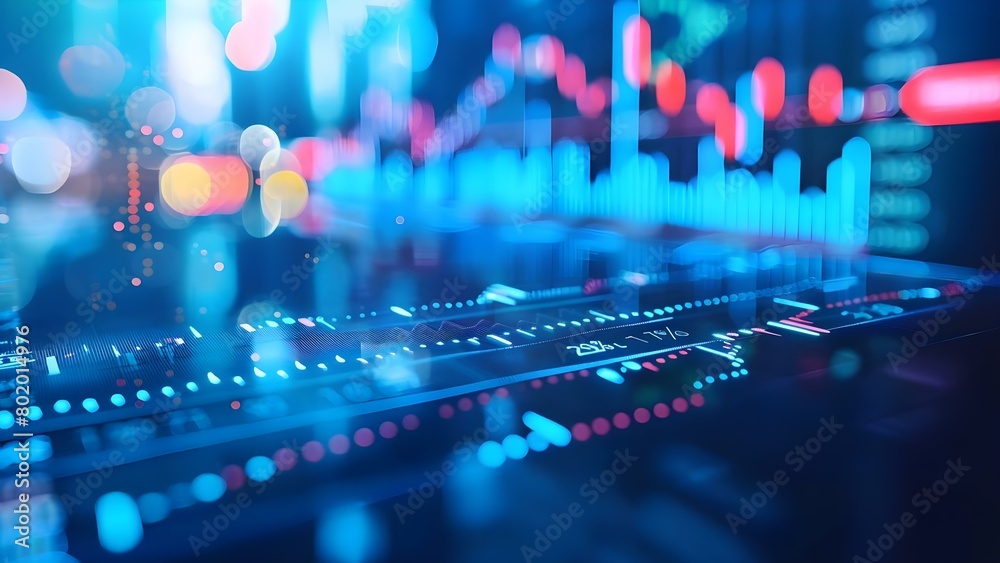 Analyzing a Blue Stock Market Candlestick Chart with Financial Data on Blurred Background. Concept Stock Market Analysis, Candlestick Charts, Financial Data, Blurred Background, Blue Theme