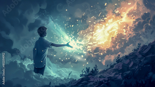 A boy is reaching out to touch a fire in the sky