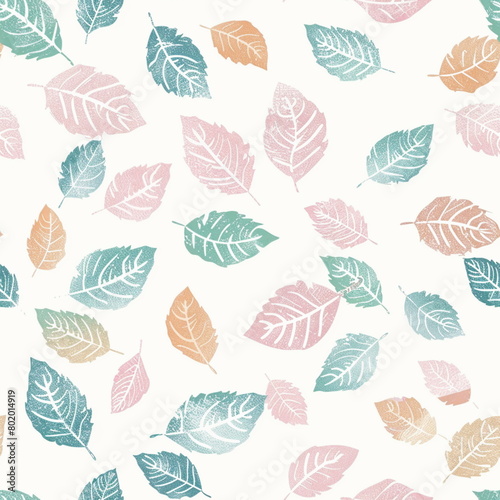 seamless pattern with stamping of autumn leaves in pastel color style