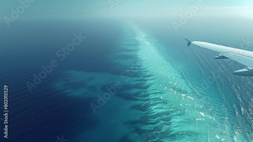 A plane is flying over the ocean with a long blue wave in the background photo
