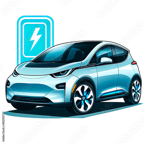 Vector illustration of an Electric Vehicle  EV  charging its battery on a charging stand on a white background.