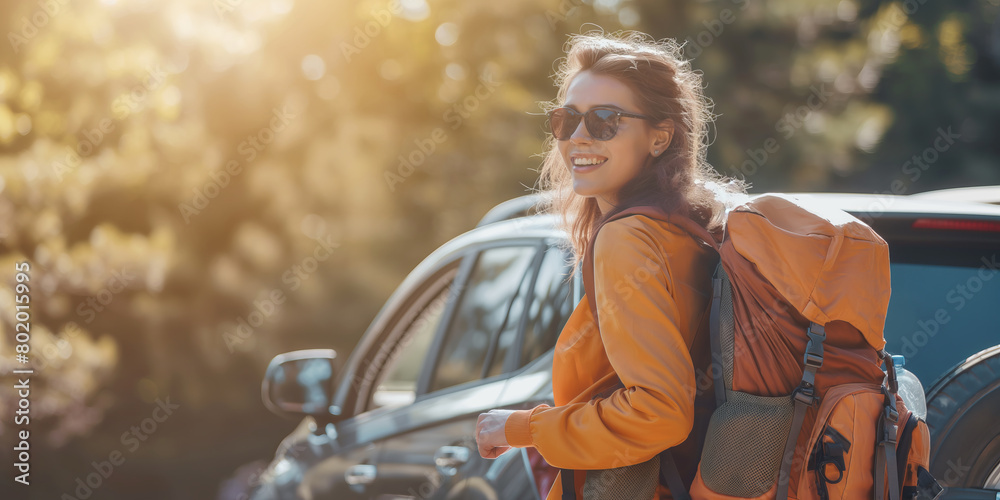 Young cheerful tourist with heavy backpack standing near open car trunk ready for their new adventure. Person traveling by rental car, active lifestyle, weekend getaway.