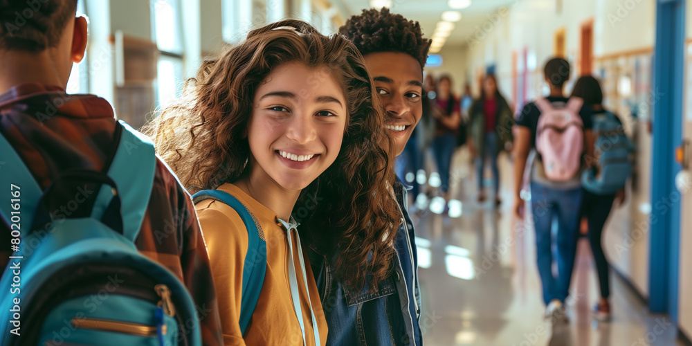 Two cheerful happy young friends standing in school hallway. Teen students having fun together in high school.