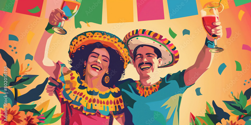 Two happy young people celebrating Cinco de Mayo. Festive elements on pastel background. Traditional Cinco de Mayo decor and party accessories.