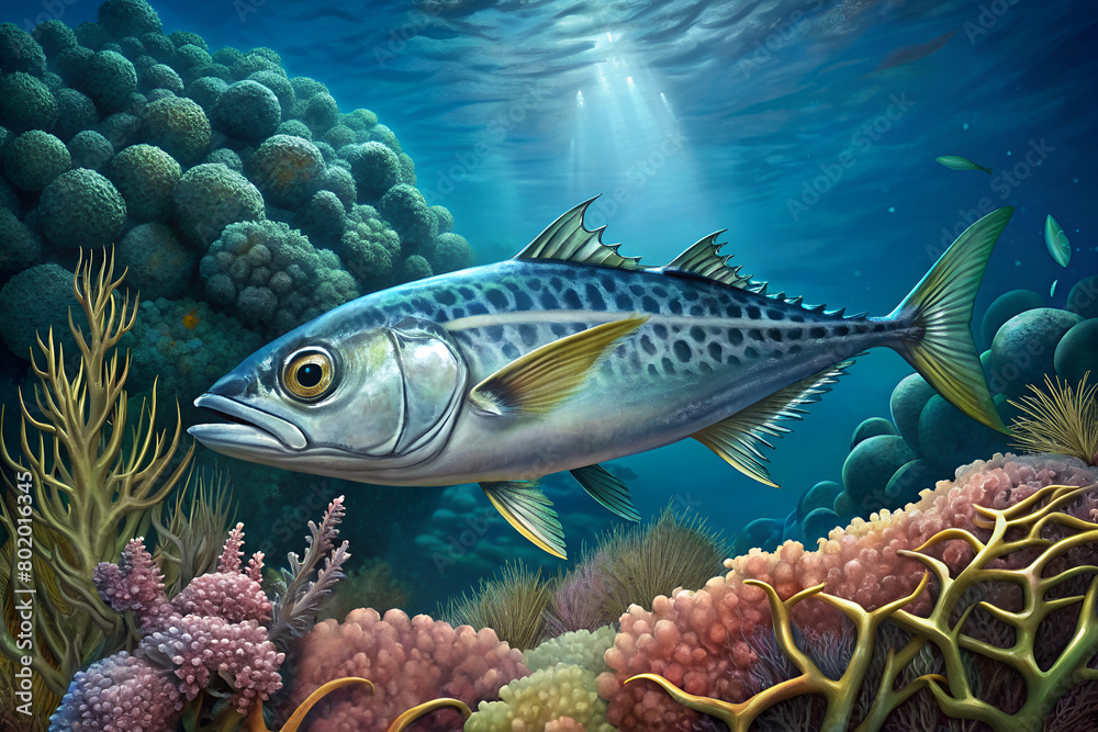 Fototapeta premium spanish mackerel fish surrounded by beautiful coral