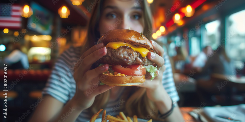 A person holding ready to bite huge delicious burger in a restaurant. Unhealthy fast food. A person holding ready to bite huge delicious burger in a restaurant. Unhealthy fast food.