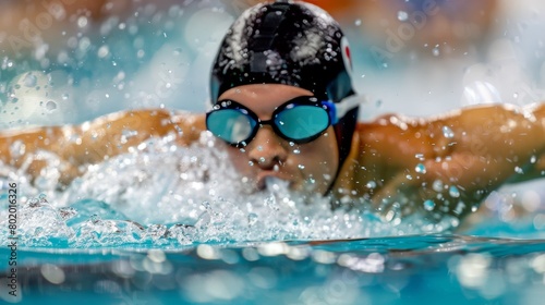 Close up of swimmer breaking pool surface, intense moment in summer olympic sport competition