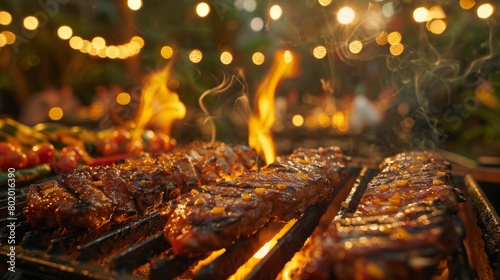 Succulent BBQ grilling against the backdrop of a blurred party revelry, blending flavors and festivities seamlessly. photo