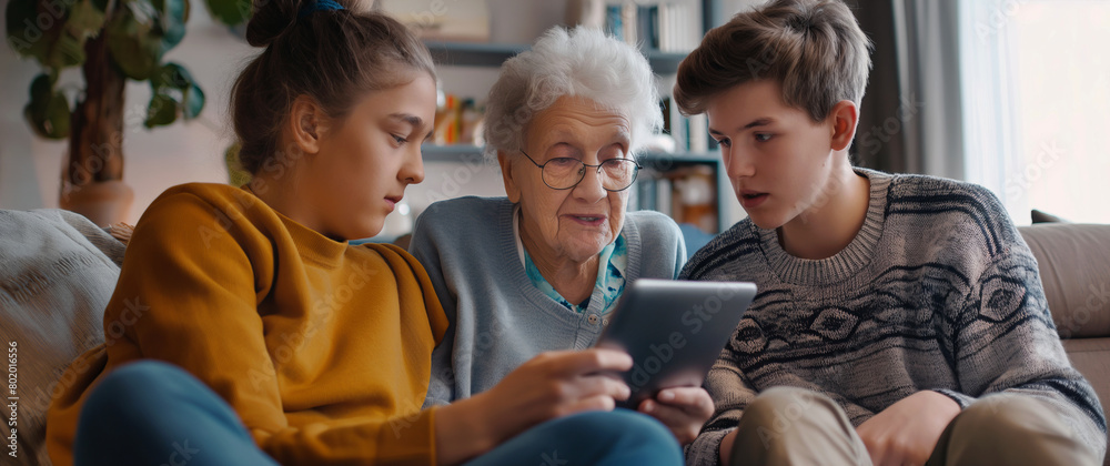 Teenage grandchildren teaching elderly grandmother to use online app on tablet for communication. Senior lady holding digital gadget.