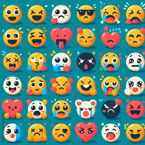 Vector Flat Emoticon big set. Big Set of 36 high quality vector cartoonish emoticons, in flat design style Illustration vector Generative Ai