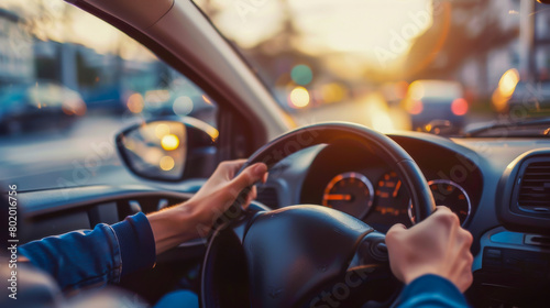 A person is driving a car with a steering wheel