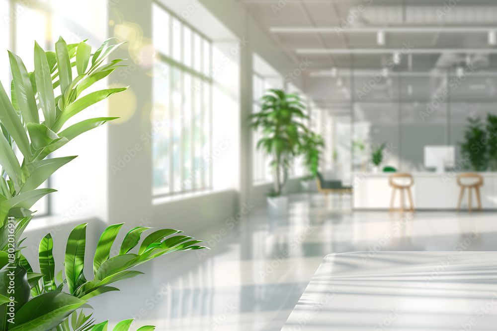 Blurred background of a modern office interior with glass windows and a green plant in the foreground, blurred focus on the wall, copy space for text. In the style of Business concept background. Blurred background of a modern office interior with glass windows and a green plant in the foreground, blurred focus on the wall, copy space for text. In the style of Business concept background.