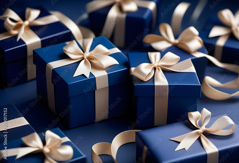 A stack of navy blue gift boxes with a beige ribbon on a dark blue background A stack of navy blue gift boxes with a beige ribbon on a dark blue background