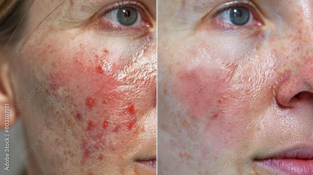 Fototapeta premium A before and after photo showing significant improvement in a psoriasis sufferers skin after using infrared therapy..